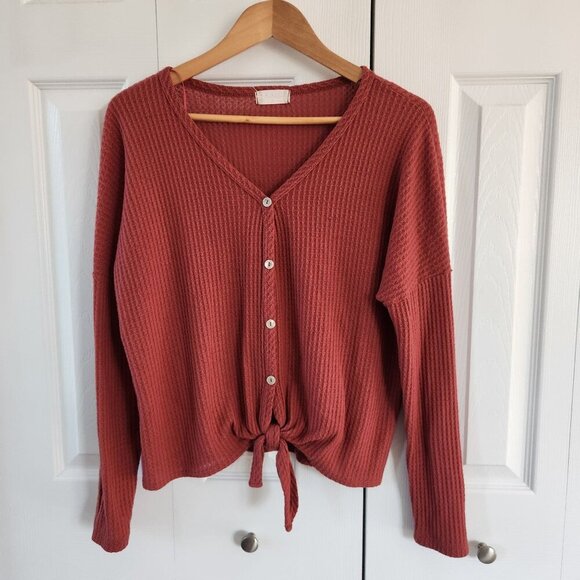 4/$25 Altar'd State Red Waffle Knit Tie Waist Cropped Sweater - Picture 1 of 9